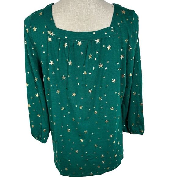 Style & Co Holiday Emerald Green Gold Metallica Star Print 3/4 Sleeve Top - Picture 3 of 6